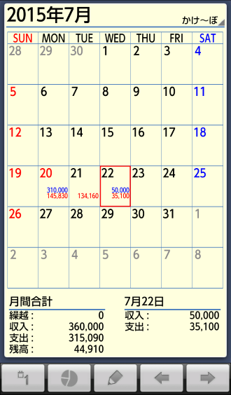 カレンダーに日ごとの収支が表示されている