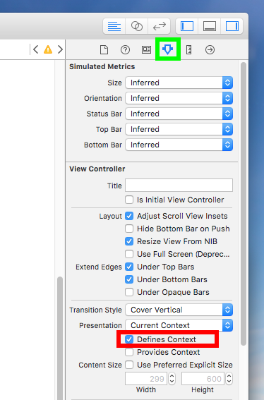 ViewControllerの設定のDeifne Contextにチェックを入れる