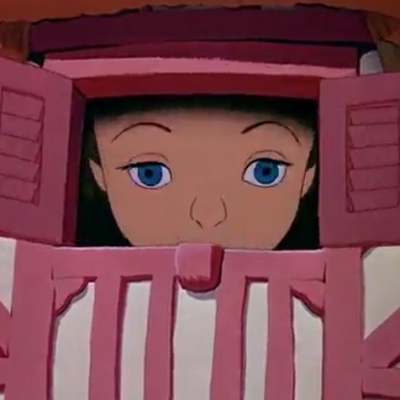 アニメで英語「巨大アリスが窓から顔を出す」